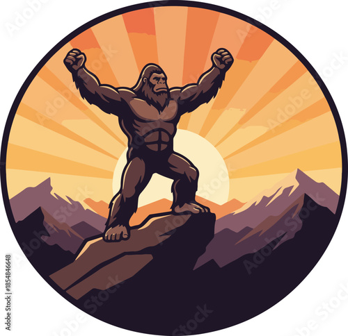 Powerful Gorilla Standing Victorious on Mountain Peak with Arms Raised.