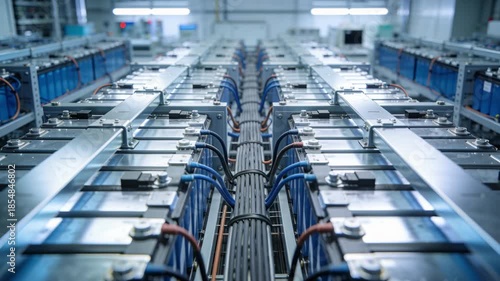 An industrial battery storage energy lithium power grid renewable energy rack infrastructure technology data center warehouse electricity backup module cool blue cable clean facility modern efficie