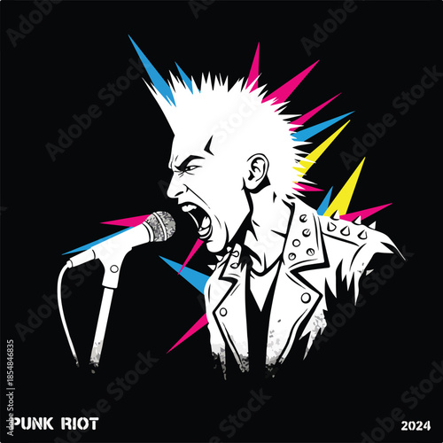 Punk Rock Singer with Mohawk and Leather Jacket Performing Live.