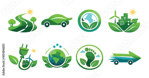 Eco-friendly icons illustrating renewable energy and sustainable transport concepts