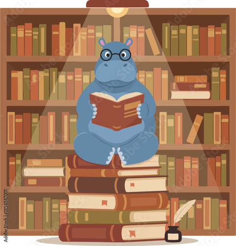 Hippos Literary Pursuit A Cartoon Hippo Reading on a Book Stack.