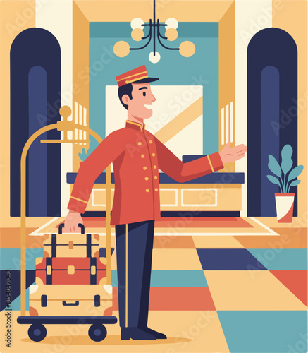 Hotel Bellhop Assisting with Luggage in Elegant Lobby.