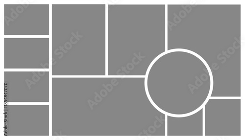 11 Image Photo Collage, 5 Empty geometric photo collage grid rectangle template shape. Modern tiles pattern mosaic for portfolio presentation. Background and photo album for wall mood board.