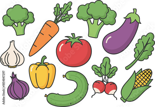 Flat, vector, illustration, set, of, fresh, organic, vegetables, including, broccoli, carrot, tomato, eggplant, garlic, pepper, cucumber, radish, onion, corn, kale