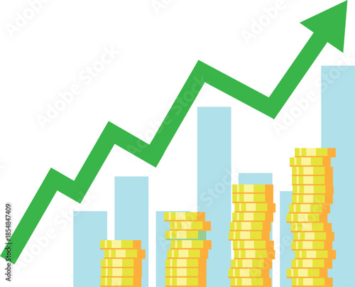 Business chart growth in flat style design. Increasing graph investment. Stacks of golden coins and arrow up isolated on white background.