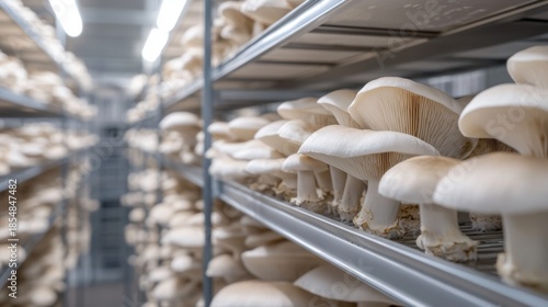 Mushroom cultivation process in indoor farm agriculture environment close-up view for sustainable food production