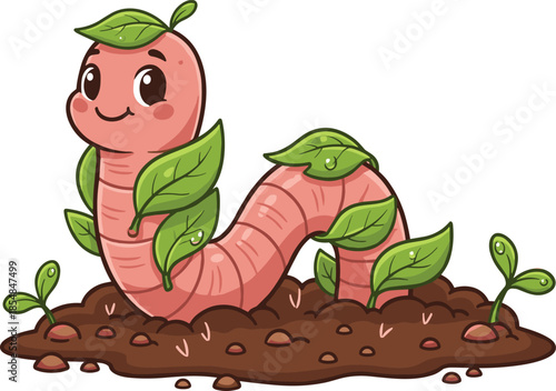 Cute pink cartoon earthworm character with green leaves emerging from brown soil, friendly garden insect illustration for kids education and nature