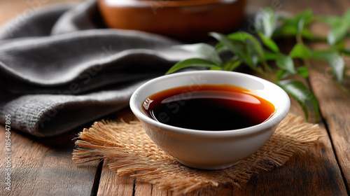 Soy sauce fermented sauce made from soybeans and wheat, known for salty flavor, commonly used in marinades stir-fries and as sushi dip, Asian condiment description, with copy space