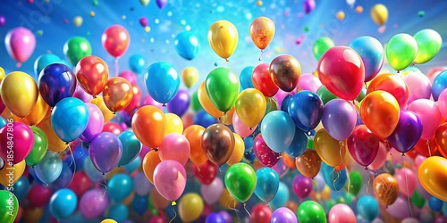 Joyful Birthday Party: Colorful Balloons Floating High, Festive Celebration