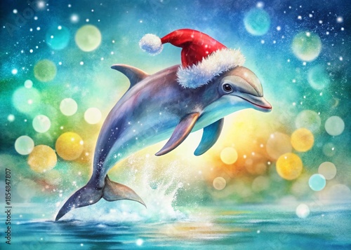 Joyful Christmas Dolphin Watercolor Illustration with Bokeh Background