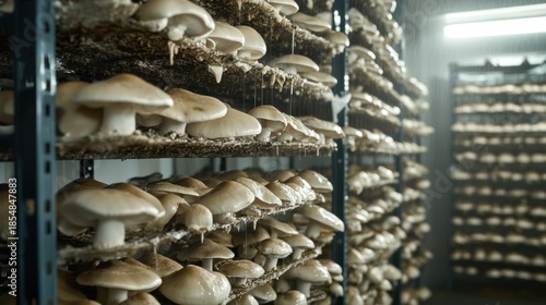 Mushroom cultivation process indoor farm agriculture modern environment wide-angle view sustainable practices