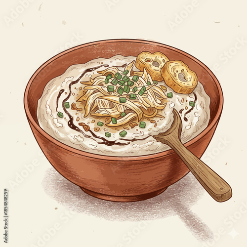 A vector illustration of Indonesian chicken porridge (bubur ayam) served warm with classic toppings.