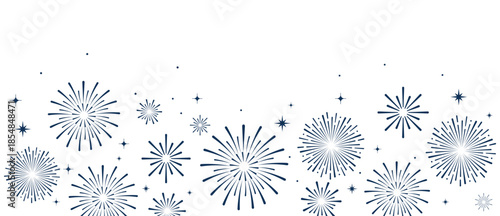 Elegant blue fireworks burst and sparkling stars on clean white background, festive celebration illustration for New Year, holiday party, greeting card, luxury event design, minimalist style vector.