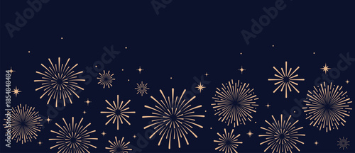 Elegant gold fireworks burst and sparkling stars on clean blue background, festive celebration illustration for New Year, holiday party, greeting card, luxury event design, minimalist style vector.