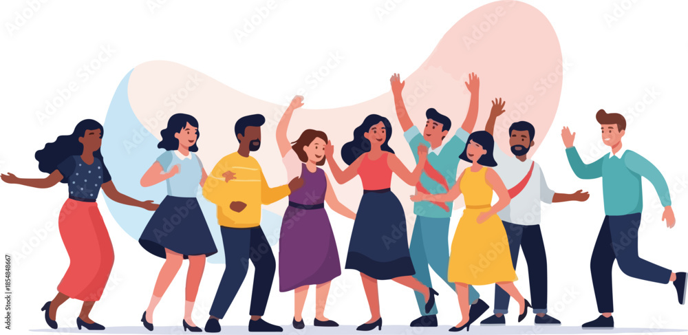Obraz premium Diverse Happy People Dancing Together – Modern Flat Illustration of Community and Inclusion