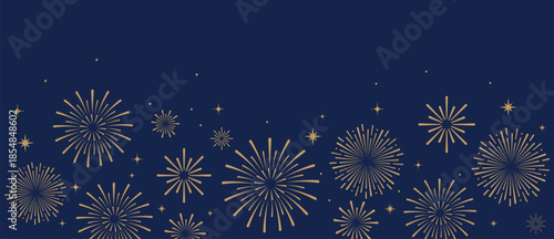 Elegant gold fireworks burst and sparkling stars on clean blue background, festive celebration illustration for New Year, holiday party, greeting card, luxury event design, minimalist style vector.