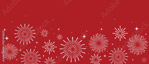 Elegant white fireworks burst and sparkling stars on clean red background, festive celebration illustration for New Year, holiday party, greeting card, luxury event design, minimalist style vector.