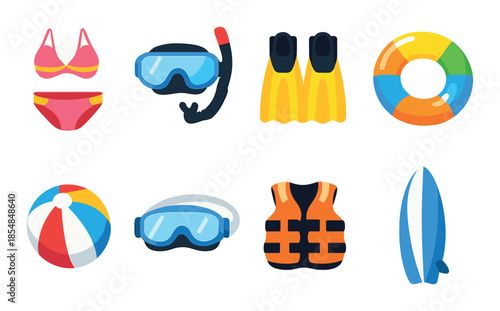 Colorful summer beach equipment icons: swimsuit, snorkel, flippers, lifebuoy, beach ball, goggles, life vest, surfboard