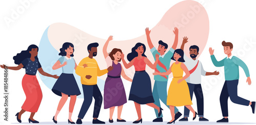 Diverse Happy People Dancing Together – Modern Flat Illustration of Community and Inclusion