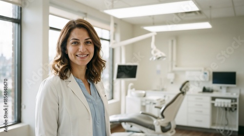 Dentist stands in a modern clinic smiling as she prepares for the next patient visit in a bright office space