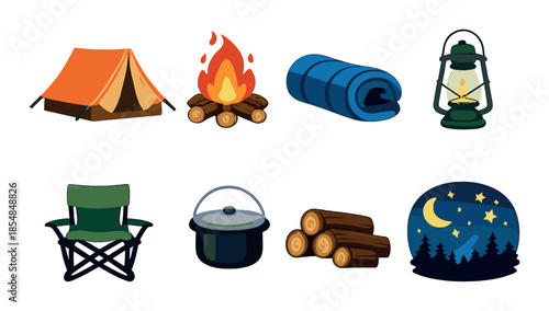Camping essentials icons set featuring tent, campfire, sleeping bag, lantern, and more