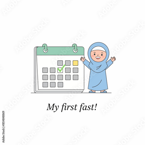 A Ramadan calendar for the first day, featuring a happy child who has completed their first fasting day