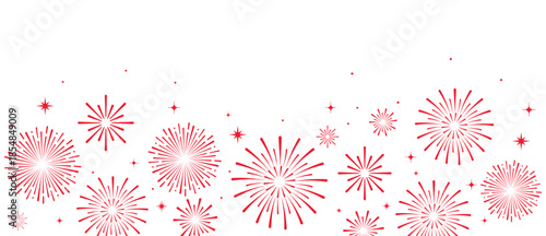 Elegant red fireworks burst and sparkling stars on clean white background, festive celebration illustration for New Year, holiday party, greeting card, luxury event design, minimalist style vector.