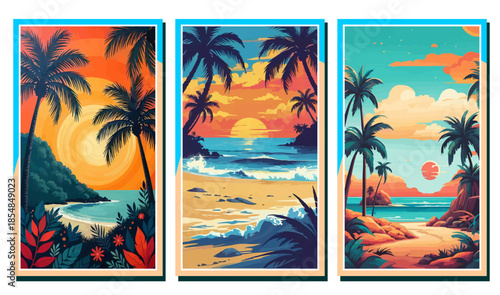 Colorful tropical beach banners with palm trees and ocean sunset. Vibrant coastal landscape illustrations in a flat vector style for summer vacation posters and travel designs