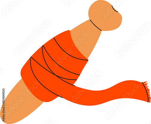 Hand-drawn illustration of a wooden spool wrapped with a red ribbon. Minimal flat style with simple shapes, isolated on white background. Concept of crafting, sewing, handmade and DIY.