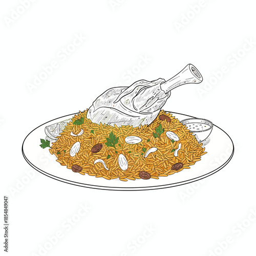 Kebuli rice served with flavorful condiments, raisins, and aromatic spices.