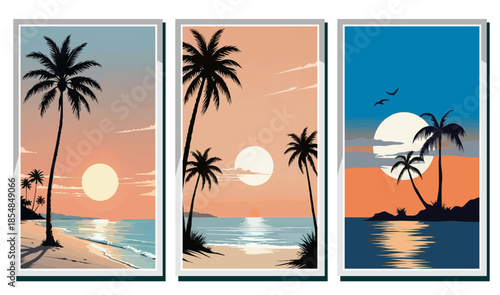 Tropical beach sunset banners with palm tree silhouettes. Minimalist coastal landscape illustration with sun reflecting on the ocean for summer travel posters and wallpapers