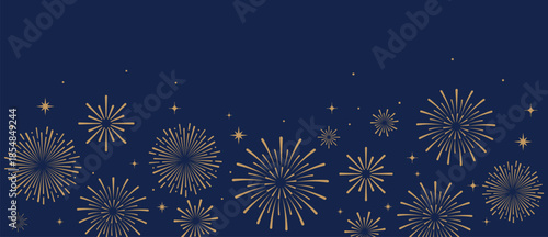Elegant gold fireworks burst and sparkling stars on clean blue background, festive celebration illustration for New Year, holiday party, greeting card, luxury event design, minimalist style vector.