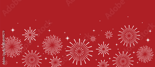 Elegant white fireworks burst and sparkling stars on clean red background, festive celebration illustration for New Year, holiday party, greeting card, luxury event design, minimalist style vector.