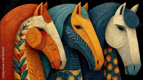A decorative art illustration depicting three stylized horses, executed in mosaic and ornamental techniques. 