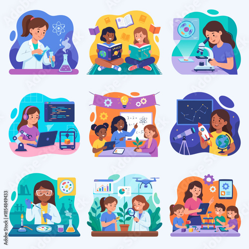 Collection of illustrations showing children and young women engaged in various STEM activities and learning.