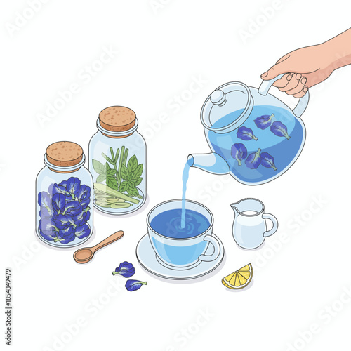 butterfly pea flower tea, lemon, lemongrass, honey, and a glass to prepare