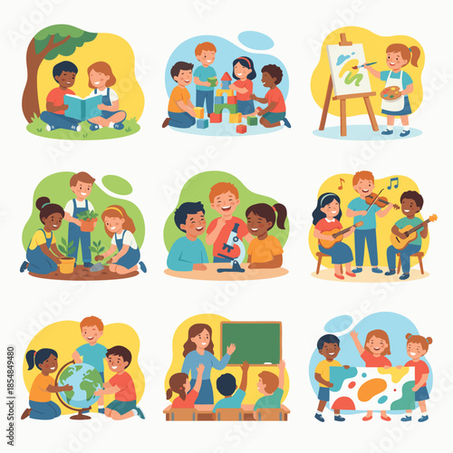 Collection of happy diverse children engaged in various educational and creative activities.