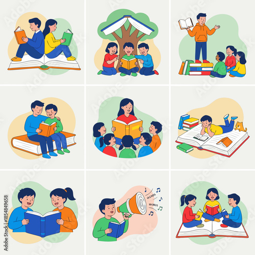 Collection of illustrations depicting children and adults reading books and engaging in storytelling activities, promoting education and learning.