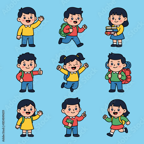 Set of happy cute cartoon kids with backpacks ready for school and adventures.