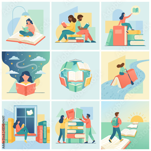 Collection of illustrations depicting people reading books and engaging with literature in various imaginative settings.