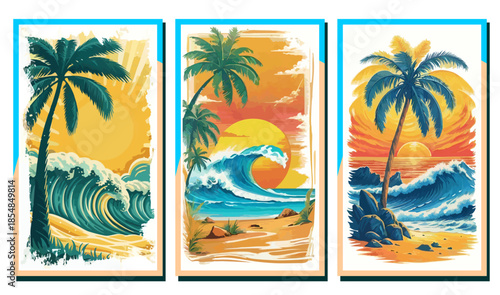 Artistic tropical beach banners with crashing ocean waves, palm trees, and a bright sun. Vibrant summer landscape illustrations in a painterly style for travel posters