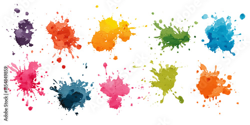 A vibrant and artistic collection of colorful paint splatters on a clean white background, perfect for design projects and creative presentations.