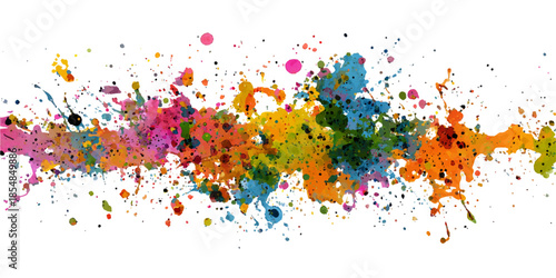 Vibrant splash of colorful paint splatters on a white background