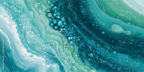 abstract background, the texture of the mineral stone Amazonite. Underwater patterns of swirling ink and luminescent water inspire a nature-themed painting, perfect as background wallpaper.