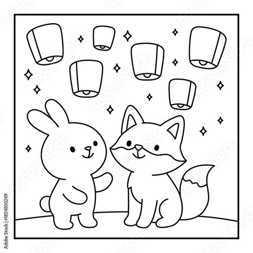 Adorable rabbit and fox friendship scene with lantern lights, easy animal coloring page illustration
