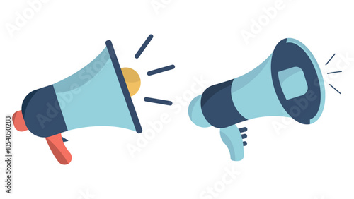 Megaphone icons for digital marketing and announcement concept, Flat vector illustration of blue and red bullhorn loudspeakers, Social media notification and marketing promotion megaphone set