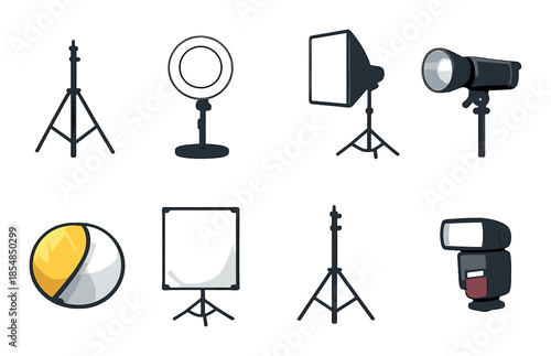 Professional photography equipment essentials: lights, stands, flash units, reflectors, softboxes