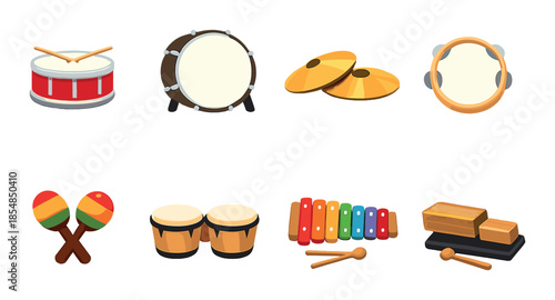 Colorful percussion instruments set featuring drums, cymbals, tambourine, maracas, bongos, xylophone