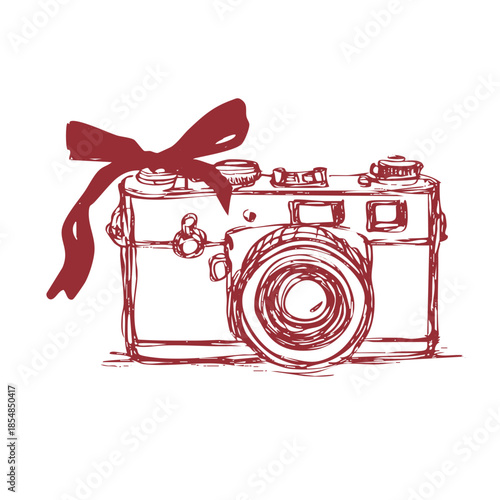 Hand-drawn sketch of an old-fashioned camera with a ribbon tied around it.