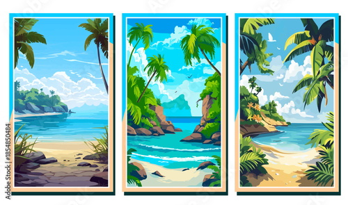 Sunny tropical beach banners with palm trees, white sand, and turquoise ocean water. Beautiful coastal landscape illustration for summer travel and vacation posters
